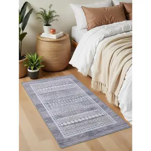 Washable Moroccan Area Rug, Small Aztec Geometric Throw Rugs with Non-Slip Rubber Backed for Bedroom Kitchen, Soft Western Carpet for Front Door Entryway Bathroom, Grey & Blue