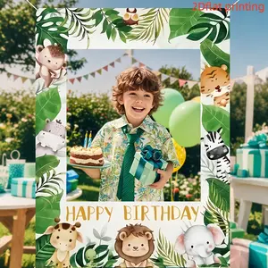 2D Flat 1pc Cartoon Jungle Animal Birthday Cutout Photo Booth Banner, Lion Tiger Giraffe Cute Animal Photography Background, Jungle Backdrop, Ideal for Kids Birthday Party, Safari Themed Event, Photo Prop