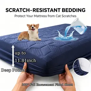 Waterproof Quilted Fitted Sheet Set - 3 Pieces (1 Mattress Cover + 2 Pillowcases), Deep Pocket, Navy Blue