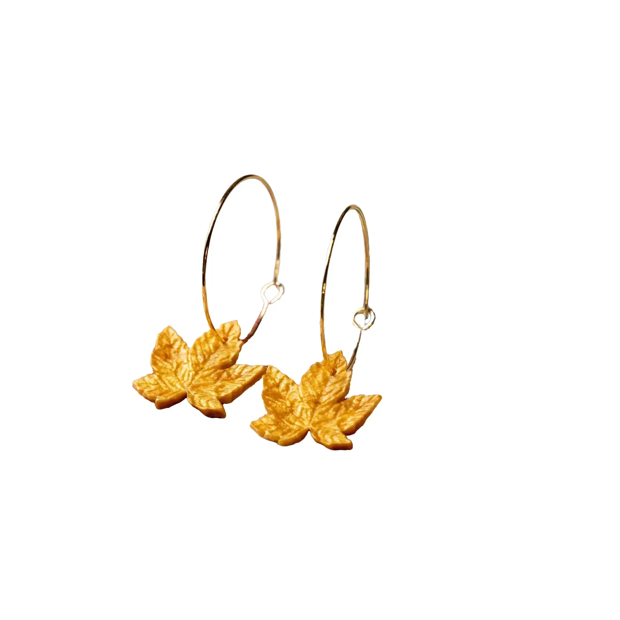 Large Autumn Leaf Gold-Plated Hoop Earrings | Marigold Shimmer Leaves | Unique, Handmade Polymer Clay Jewelry