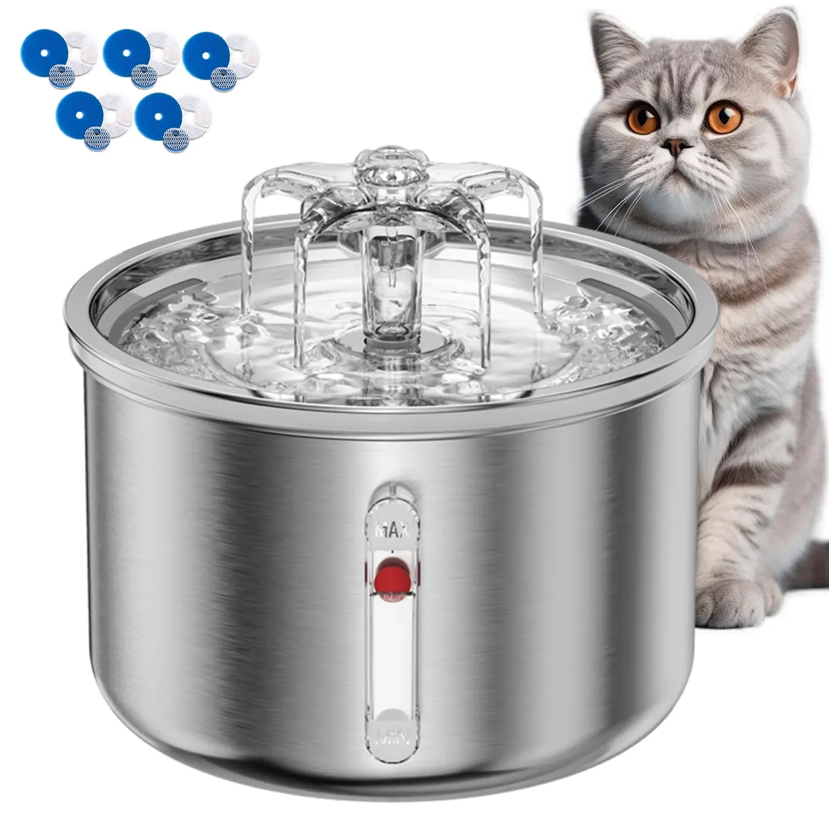 2L Stainless Steel Cat Water Dispenser, Automatic Water Feeder, Ultra-Quiet Pet Drinking Fountain with 5 Filters, Pat Water Fountain, Suitable for Cats and Dogs