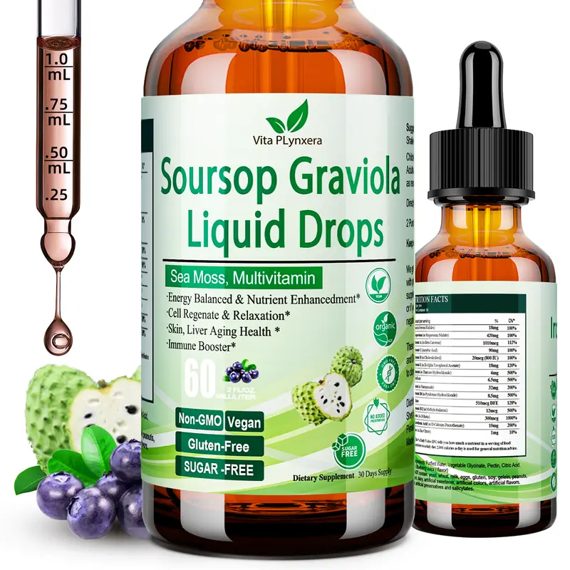 Soursop Liquid Drops, Soursop Extract Multivitamin Drops for Skin, Immunity Boosting, Detox, Best Fitness Supplement