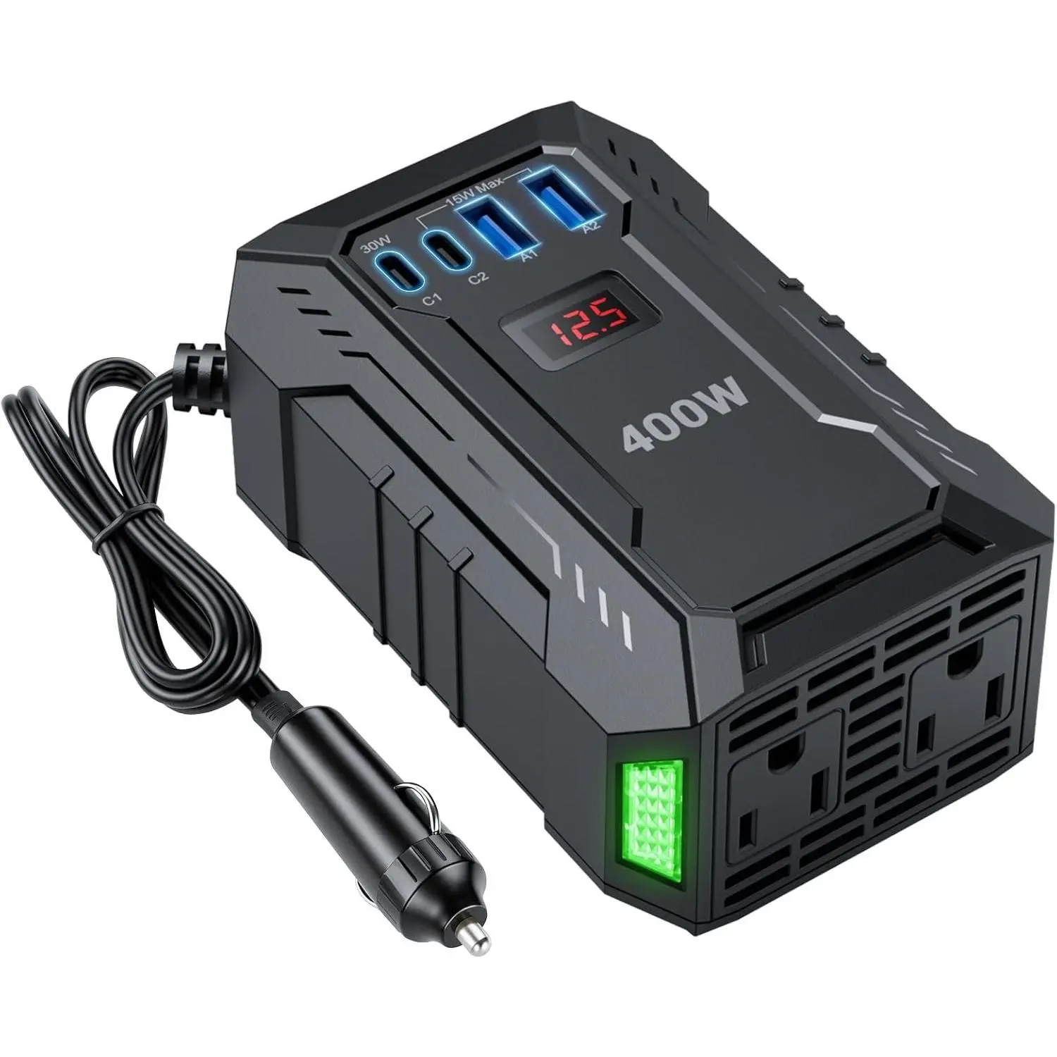 400W  Power Inverter DC 12V to 110V AC Inverter with PD 30W/15W USB C+2*USB A Ports & 2 AC Outlets,  Plug Adapter Outlet for Laptop/Phone/Road Trip