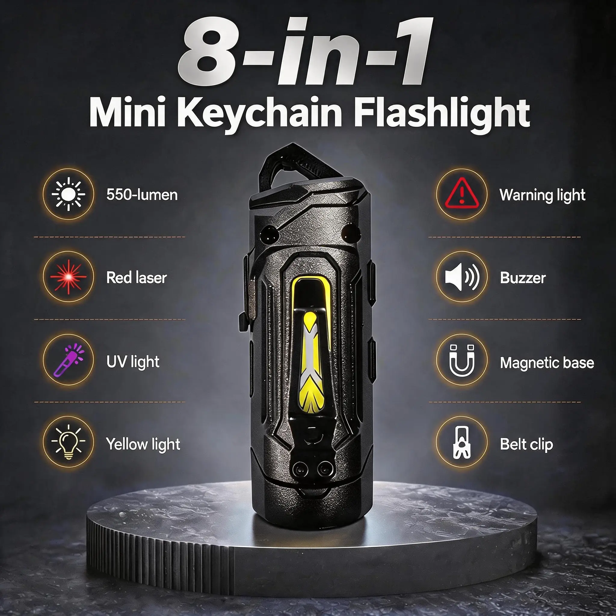 Mini EDC Keychain Flashlight, 550 Lumen Rechargeable ABS Body with UV Light, Red Laser, and Buzzer Alarm, Portable with Magnetic Adjustable Tail for Camping & Hiking, Portable Flashlights, Compact, Abs Plastic, Edc Users, Safety Alert, Jade