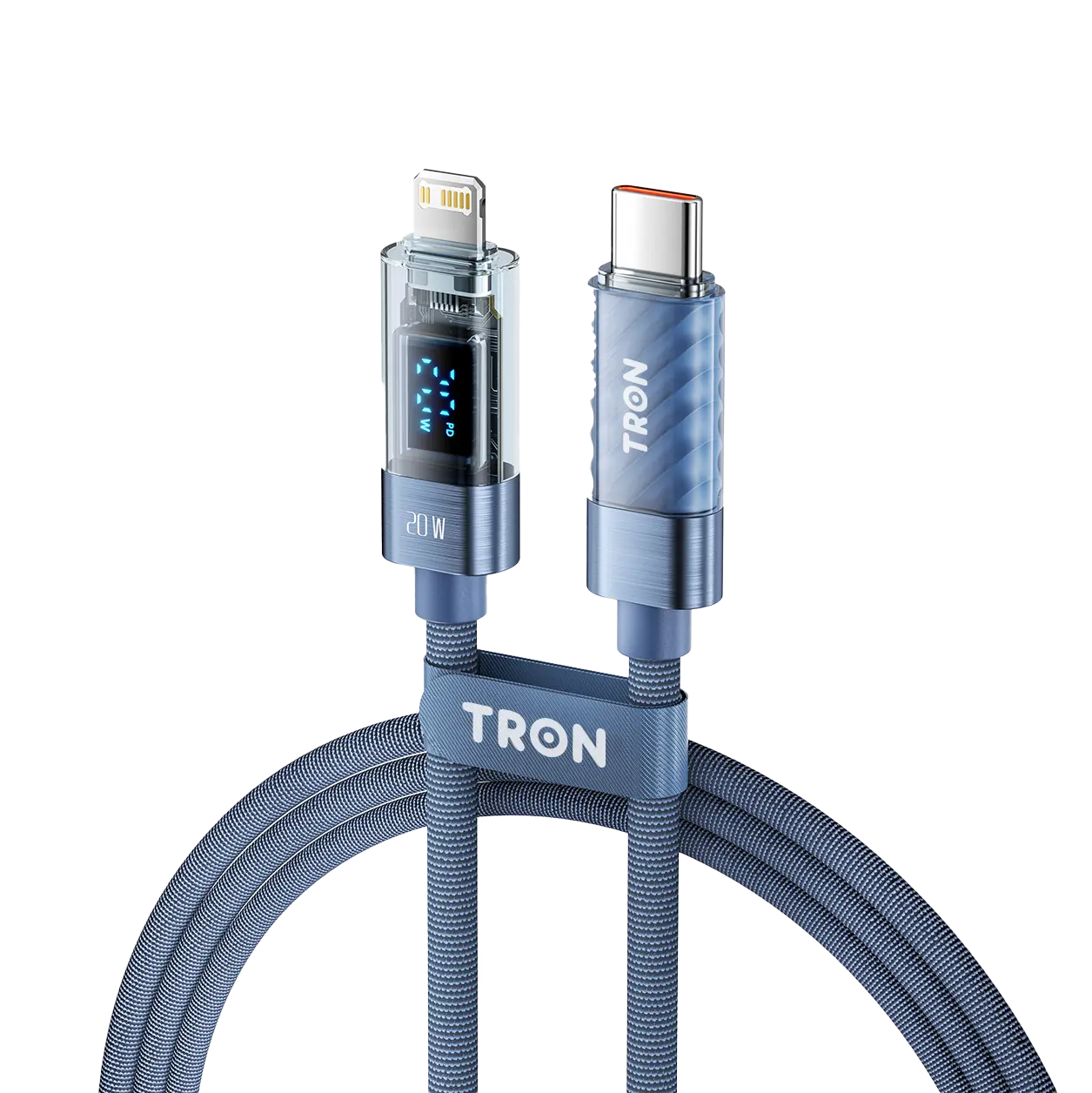 20W USB-C to Lightning Transparent Cable | Digital Display | 5FT | Blue