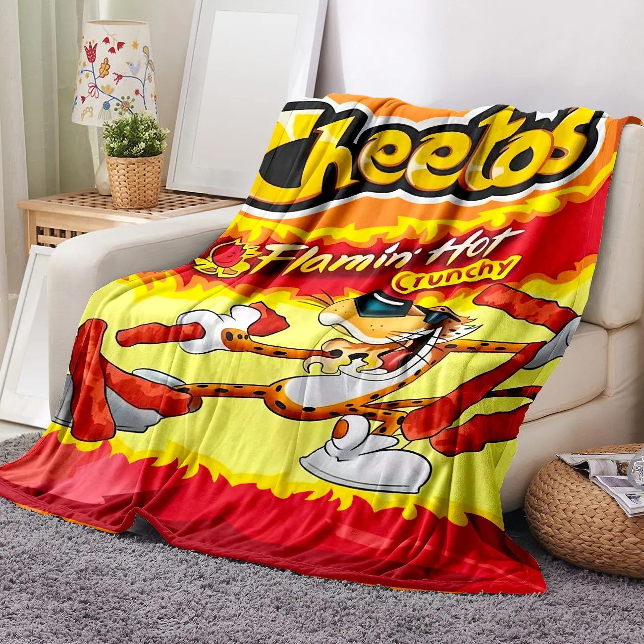 Cheetos Pattern Flannel Blanket 1 Count Multifunctional Throw Blanket with Storage Bag Warm Napping Blanket for Home Office Travel Soft Cozy Lightweight Fleece Blanket for All Seasons