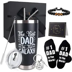 Dad Gifts, 8PCS Fathers Day Gift Includes 20oz Tumbler with Lid Straw Brush Socks Bracelet Key Chain Thanks Card Gift Box, Best Dad Ever Gifts from Daughter Son Kids for Christmas Birthday
