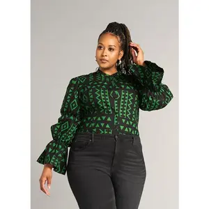 Amari Women's African Print Button-Up Top (Moss Black Geometric)