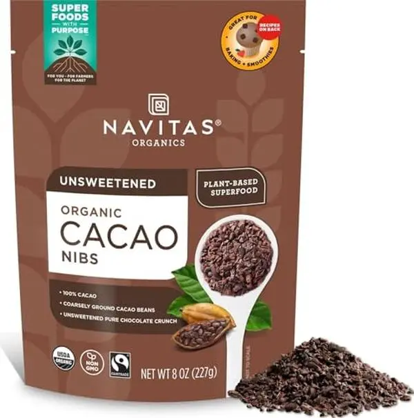 Navitas Organics Cacao Nibs – Unsweetened Dark Chocolate Crunch – Antioxidants, Minerals, Fiber – For Trail Mix, Baking & More – USDA Organic, Fairtrade, Non GMO, Gluten Free, Non-alkalized (8oz. Bag 76 Servings)