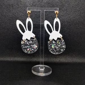 #481 Chunky Silver Glitter Easter Egg & White Bunny Ears with Gold Ball Stud Earrings, Casual Easter Jewelry