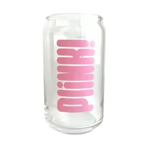 Plink! Can Glass - Stylish Drinkware 16oz Clear Glass with Pink Text - Perfect for Ice Coffee - Made in the USA