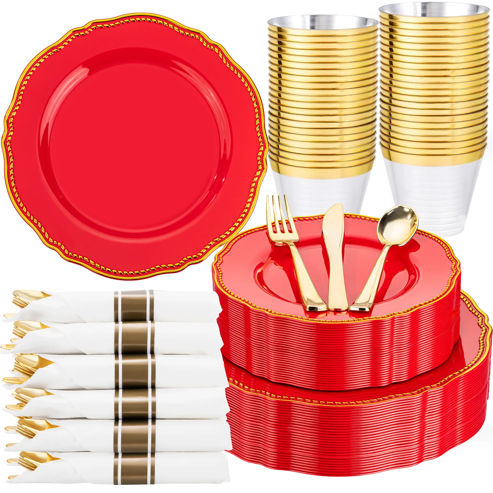 175Pcs Red Gold Plastic Dinnerware Set, Disposable Red Rim Dinner Plates Dessert Plates Cups Pre-Rolled Napkins for Wedding Christmas New Year Party Serves 25 Guests