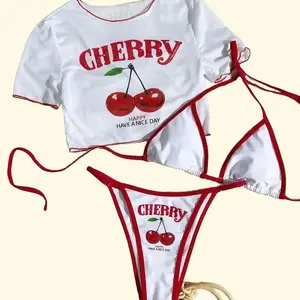 3-Piece Bikini Set - Summer Outfits, 3 piece sets Women Bikini Cherry Print Spaghetti Strap & See-Through Mesh Cover Up, Summer Womenswear