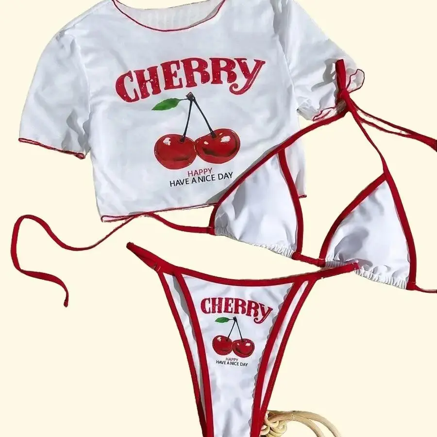 3-Piece Bikini Set - Summer Outfits, 3 piece sets Women Bikini Cherry Print Spaghetti Strap & See-Through Mesh Cover Up, Summer Womenswear Beach Holiday Swimsuit