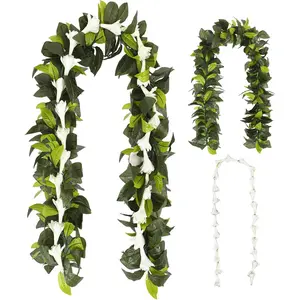 Thiccywoov 2 Pack Hawaiian Flower Leis Green Ti Leaf Lei & White Tuberose Twist Lei Flower Necklace for Luau Aloha Party Wedding 2026 Graduation School Ceremony