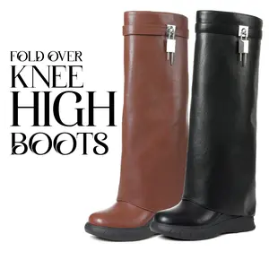 CELNEPHO Womens Fold Over Knee High Boots Round Toe Chunky Wedge Heel Side Zipper Closure Padlock Design Fashion Slouchy Boot Easy Pull on Gift Date Party Casual Work Wear Dress Shoes