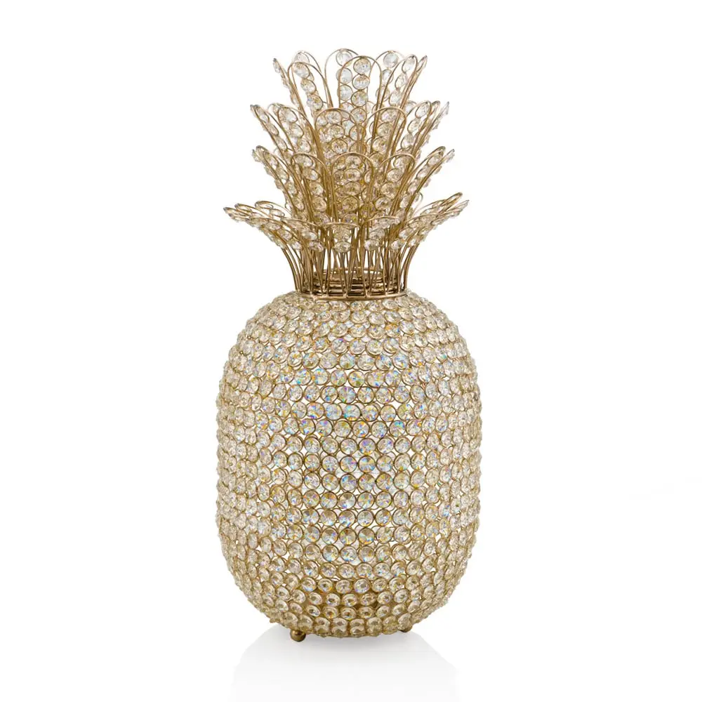 212 MAIN 23 in. Large Glam Bling Machine-Made Faux Pineapple Ornament - Crystal-Gold Accents, Tea Light Slot, Hand-Sewn Faux Flower - 12 lbs Tropical Home Decoration, Table Centerpiece - Gift for Adults, Wedding Use