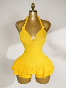 Yellow Romper Shorts - Halter Tie Backless Ruffle Trim - Sexy Summer Outfit