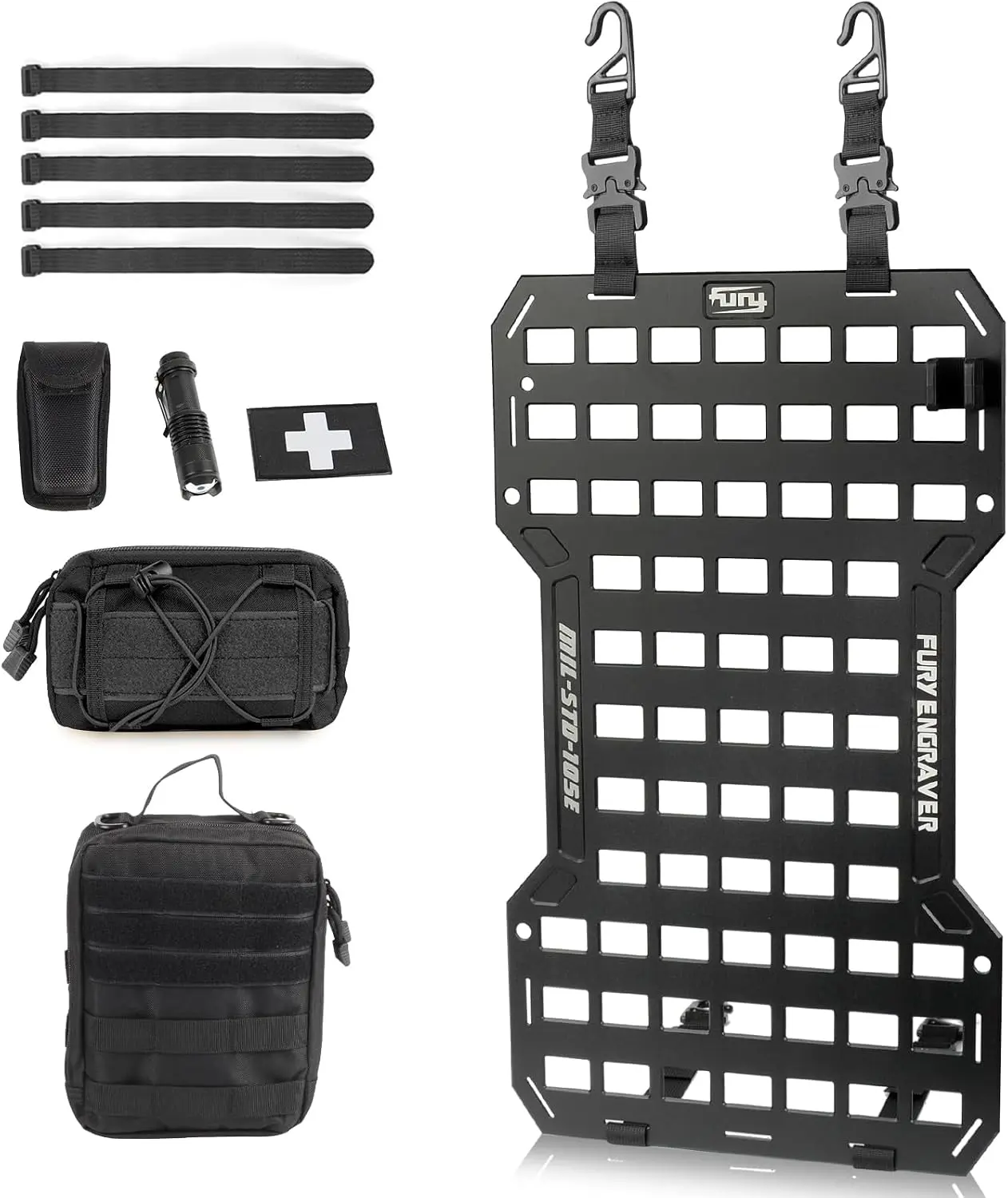 Rigid Molle Panels For Vehicles Truck Mount Rack Panel Tactical Seat Back Organizer with 2 Organizer Storage Bag, 1 Multi-tool Pliers, 1 Flashlight and 5 Fastening Tape