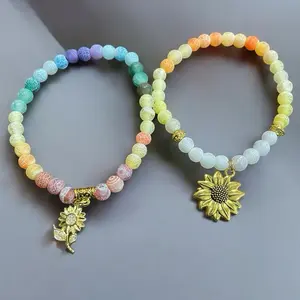 Sunflower Charm with Weathered Agate Bead bracelet with Colorful Beads and Unique Design