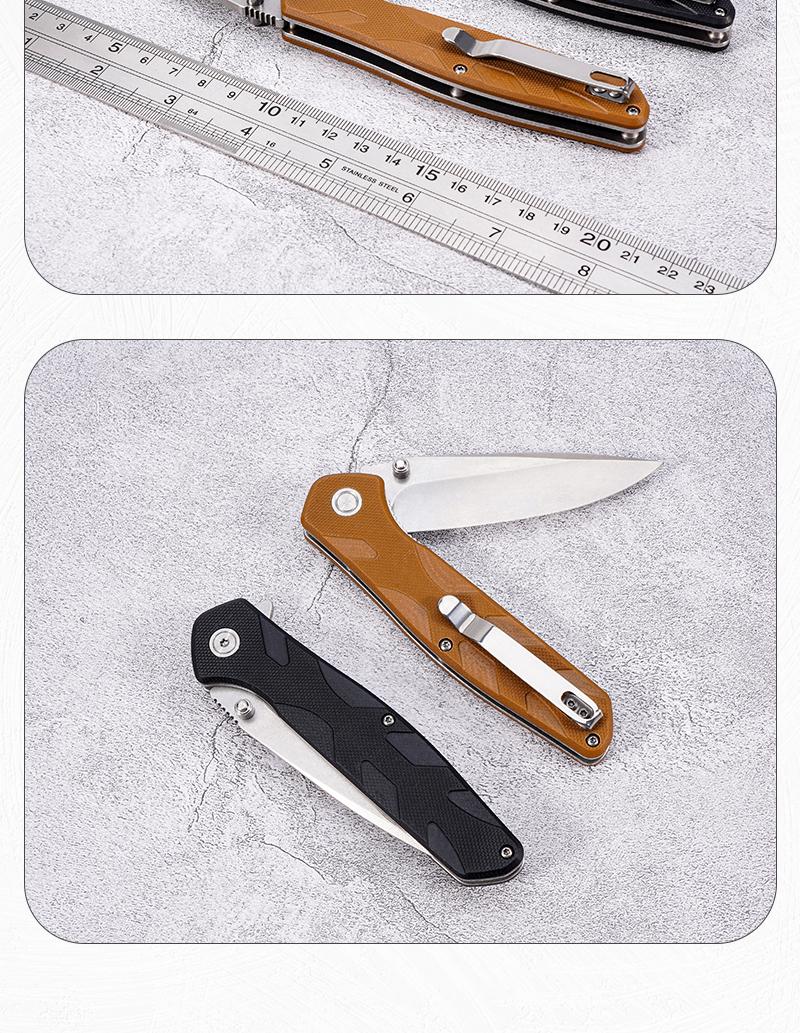 EDC multifunctional outdoor folding knife with G10 handle; convenient pocket/belt clip for easy carry; outdoor cutting tool designed specifically for climbing and fishing; a camping and hiking essential.