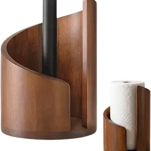 Stainless Steel Paper Towel Holder, Mango Wood Base, Iron Frame, Kitchen & Living Room Counter, Easy Tear, One-Hand Operation