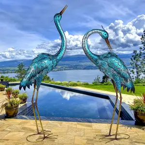 Garden Sculpture & Statues, Blue Heron Lawn Ornaments Standing Metal Crane Yard Art Large Size Bird Decoy for Outdoor Lawn Backyard Porch Patio Decoration, Set of 2