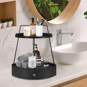 Elegant 2-Tier Black Wood Bathroom Counter Organizer with Drawer - Versatile Corner Storage Shelf for Cosmetics, bath Toiletries & Kitchen Spices - for Vanity Display, Bathroom Decor And Accessories Racks Wooden must-have multifunctional supply