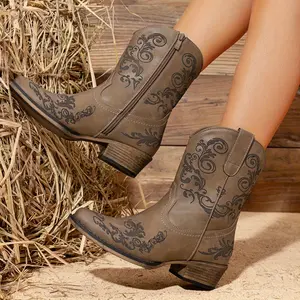 Women's Cowboy Cowgirl Western Boots, Low Chunky Heels Square Toe Ankle Booties, Western Embroidered Pull on Boot for Girls, with Inside Zipper, Wide Calf