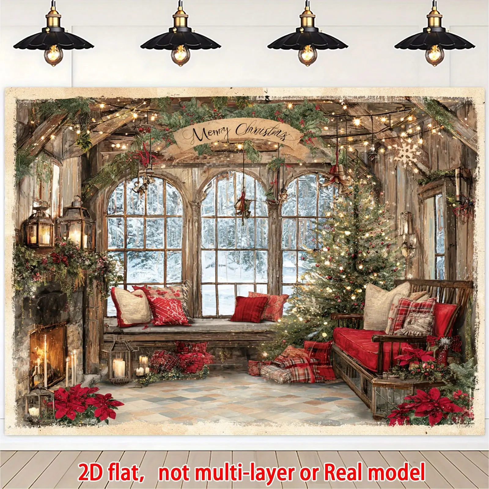 Polyester Farmhouse Christmas Winter Scene Backdrop Banner, Elegant Cozy Fireplace with Mantel & Snowy Window Design, Warm Brown-Red Tones, 2D Flat, Ideal for Holiday Decorations & Photo Booth Props, Banners
