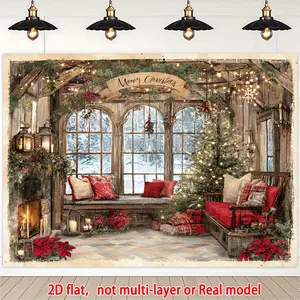 Elegant Farmhouse Christmas Winter Scene Backdrop – Cozy Fireplace with Mantel and Snowy Window Design, Warm Brown & Red Tones, Perfect for Birthday Parties, Photo Booth Props & Holiday Decorations, 2D Flat