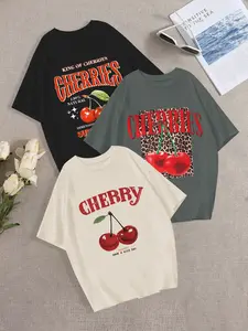 Women's Breathable Lightweight Casual Streetwear Loose-Fit Round Neck Knit T-Shirt, Fruit Cherry Print, Summer Fashion Comfortable Top Set, Pack of 3