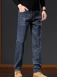 Men's American Vintage Washed Straight Leg Jeans, Streetwear Distressed Classic Denim Jeans, Elastic Comfortable Breathable Daily Commute Trousers