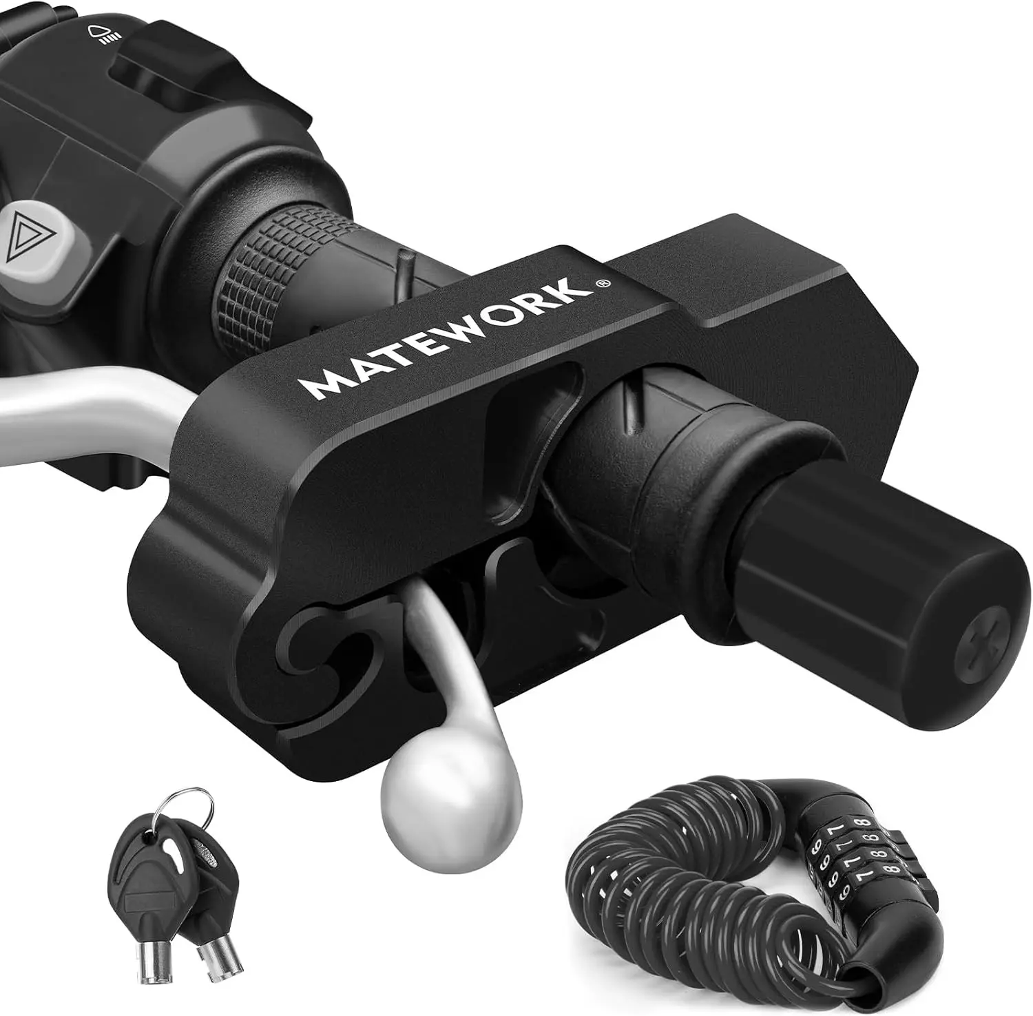 Matework Motorcycle Lock Anti Theft with Helmet Lock, Easy to use | Sturdy Aluminum Alloy, Built-In Silicone Pads Prevent Scratches, Fits Most Handlebars, Keyed Different Design, Black
