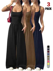 Women's Casual Pleated Loose Straight Jumpsuit, Adjustable Strap, Sleeveless, All Seasons Wear, Comfortable Fit, Moderate Fabric Thickness