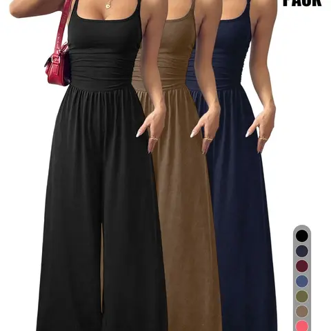 Women's Casual Ruched One Piece Jumpsuits Sleeveless Wide Leg Summer Romper Workout Jumpsuits With Pockets Loungewear Casual Fashion Romper
