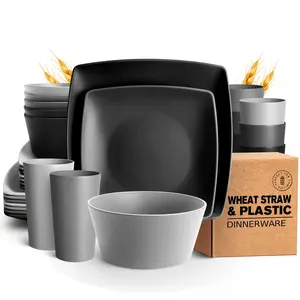 Teivio 32-piece Kitchen Plastic Wheat Straw Squircle Dinnerware Set For 8, Unbreakable Dinner Plates, Salad Plates, Square Cereal Bowls, Mugs 12 Oz, Dishwasher Safe