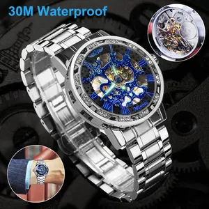 Men's Automatic Mechanical Wrist Watch Stainless Steel Blue Dial Skeleton Luxury
