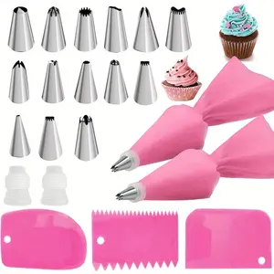 21pcs Piping Bags and Tips set,2 Reusable Silicone Pastry Bag with 14 Stainless Steel Nozzle Icing Tips Set, 3 Icing Smoother & 2 Couplers & Baking Tools for Baking Decorating Cake Tool (Pink) Pastry Decorative Kit