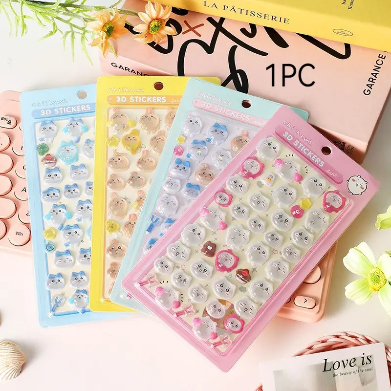 Cute Shigachawa 3D Epoxy Sticker Series - 4 unique pastel designs featuring raised bubble stickers of the characters such as white wood, Aokawa, and the bunny girl, perfect for decorating scrapbooks, planners, laptops, water bottles, and phone cases. It i