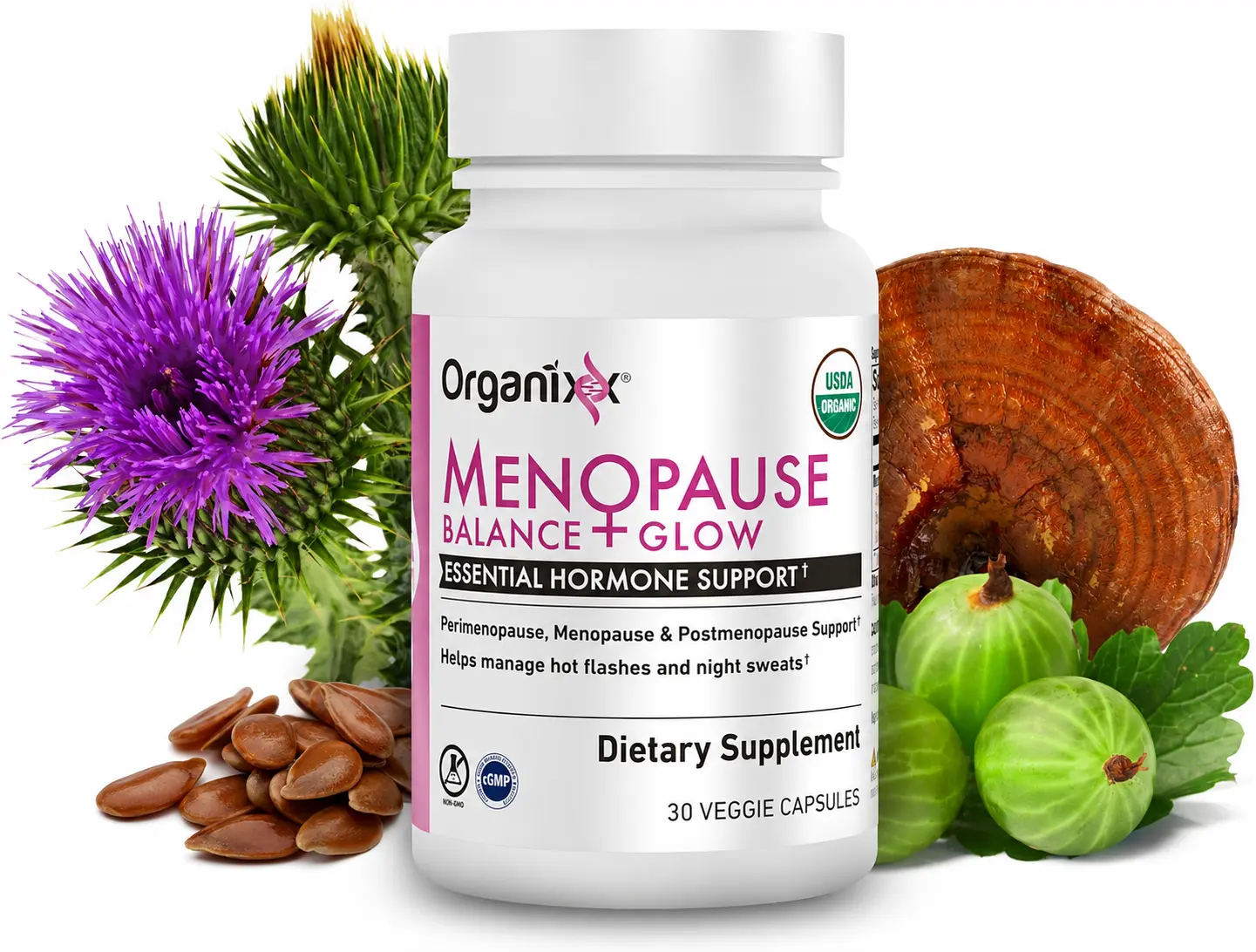 Organixx Menopause Balance + Glow Natural Organic Women's Selfcare Dietary Supplement - Glow Up, Hair,Nails & Skin Support, Ashwagandha, Reishi Mushroom, Milk Thistle, Plant-Based Adaptogens, Superfood Blend, 30 Capsules (Dairy,Soy,Gluten-Free,Non-GMO), S