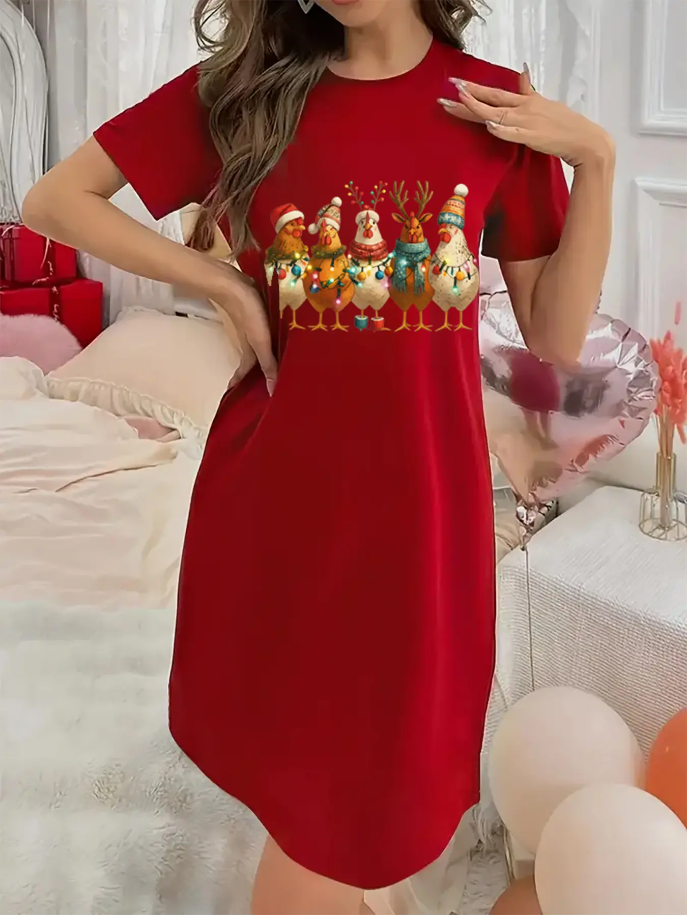 Soft and Slightly Stretchy Women's Underwear Christmas Chick Pattern Short Sleeve Crew Neck Nightgown, Sexy Elegant Youthful Women's Christmas Dress, Perfect for Halloween, Christmas, and Thanksgiving Gifts