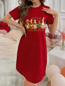 Soft and Slightly Stretchy Women's Underwear Christmas Chick Pattern Short Sleeve Crew Neck Nightgown, Sexy Elegant Youthful Women's Christmas Dress, Perfect for Halloween, Christmas, and Thanksgiving Gifts