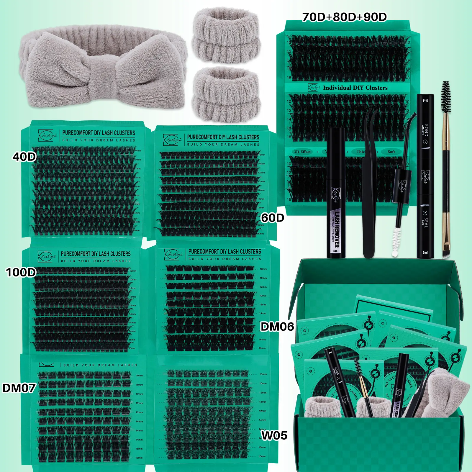 LASHSUN CHRISTMAS GIFT KIT, D Curl Mixed Length DIY Lash Clusters Kit, DIY Eyelash Extensions, Volume Lashes, Dramatic Volume Eyelash, Lash Volume & 3D Effect Eyelash Clusters with Lash Bond and Seal Lash Remover Lash Brush
