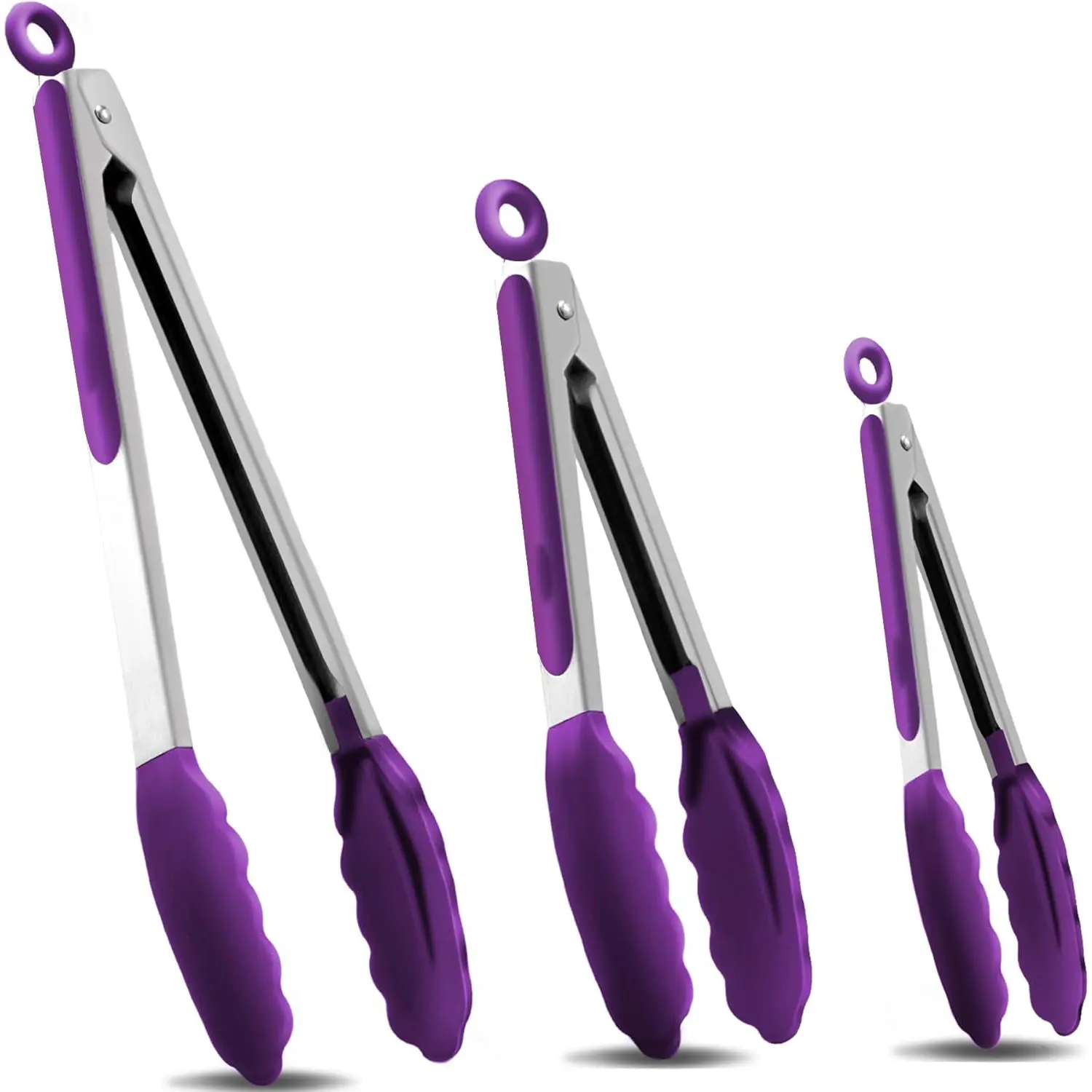 Stainless Steel Locking Kitchen Tongs with Silicon Tips, Set of 3-7", 9" and 12" (Purple)