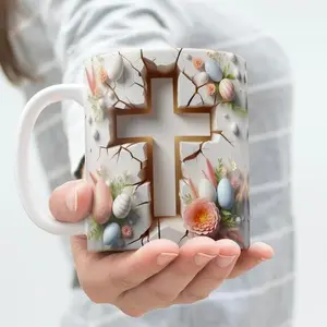 Easter Cross Mug, Religious Ceramic Mugm Spring Holiday Design, Easter Day Present Ideas For Women, 11, 15 Oz