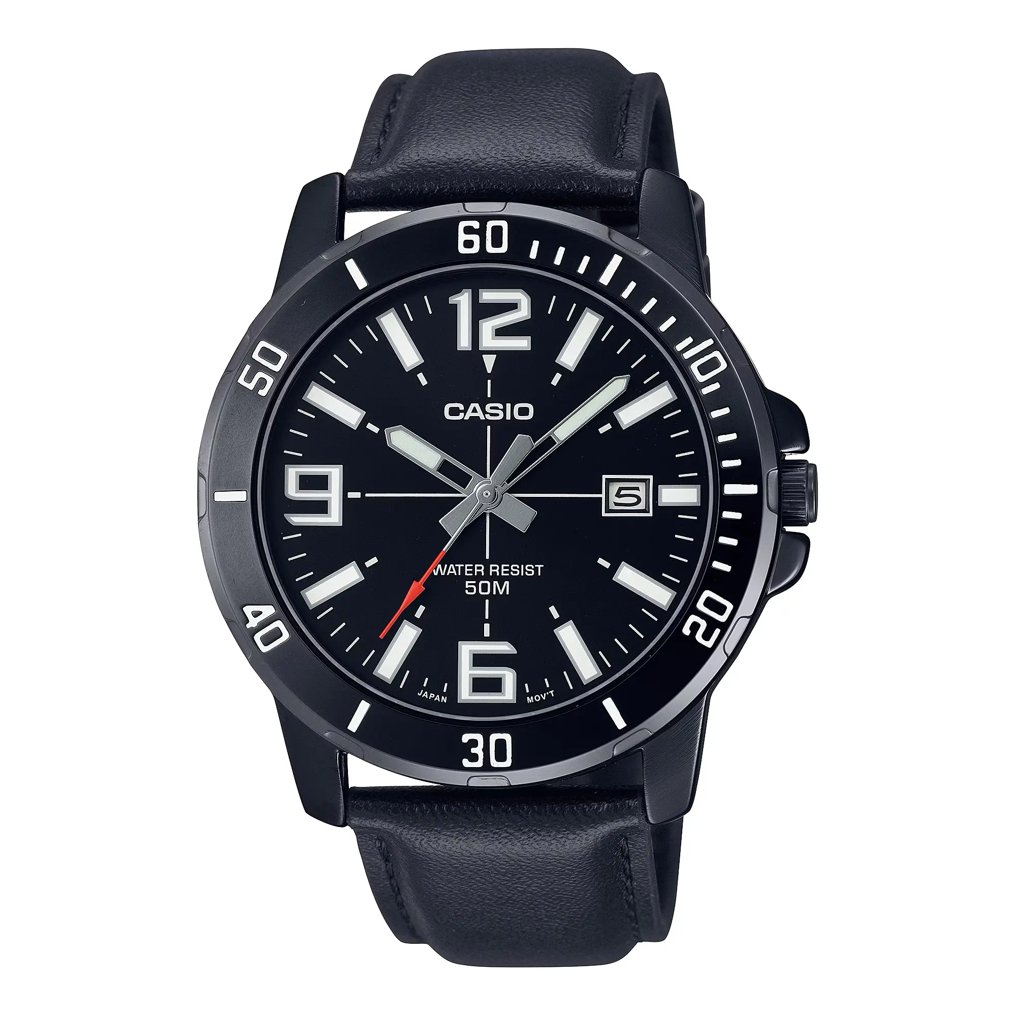 Casio Men’s Black Analog Watch with Date Display and Leather Band - MTP-VD01BL-1BV