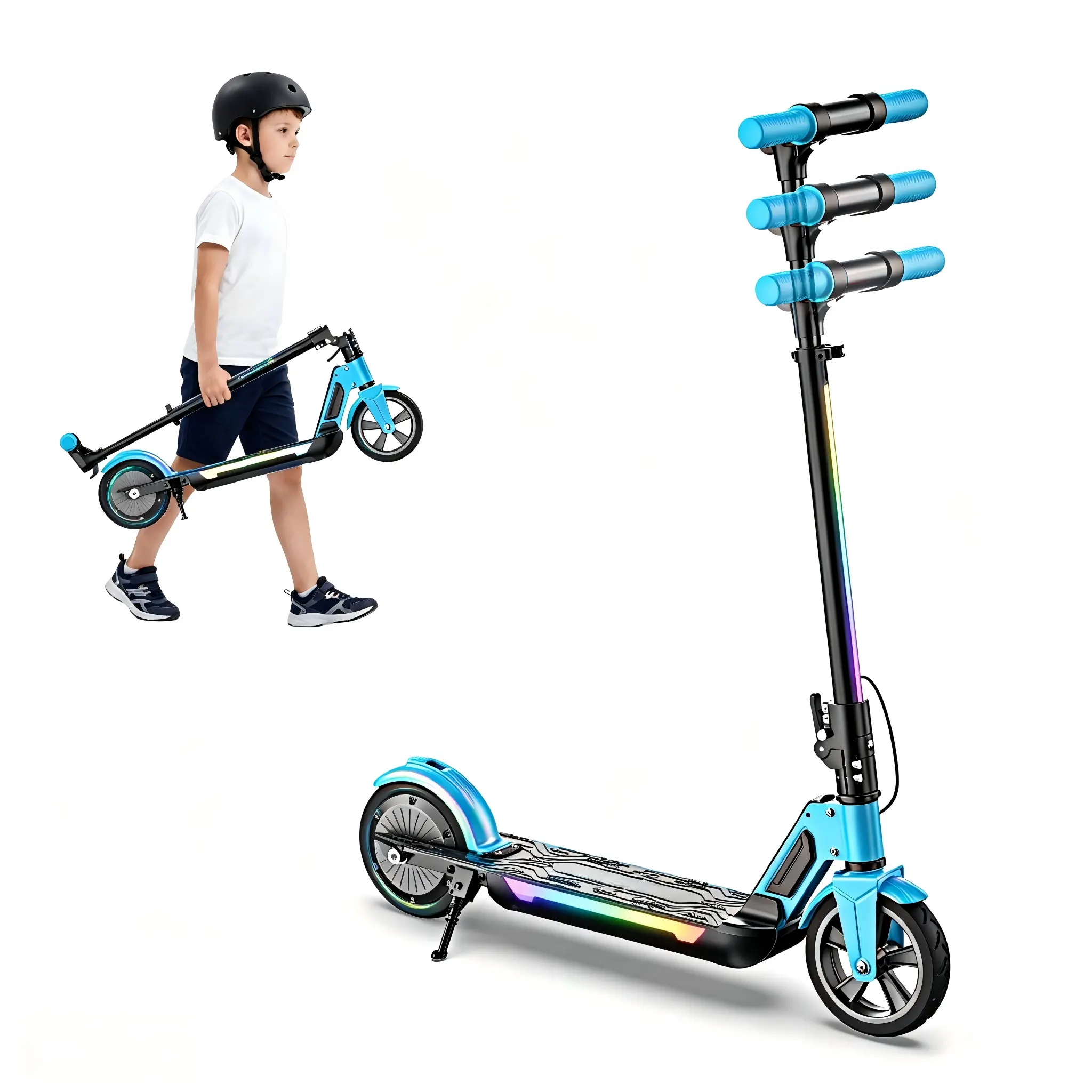 【RGB LED Light】Kids Foldable Electric Scooter, 3 Adjustable Height Youth E Scooter, 12 MPH Max Speed 10 Miles Long Range, Dual EABS & Foot Brake, Colorful LED Lights & Bluetooth Speaker, Lightweight Ride On Toy Gift for Boys Girls Ages 6+