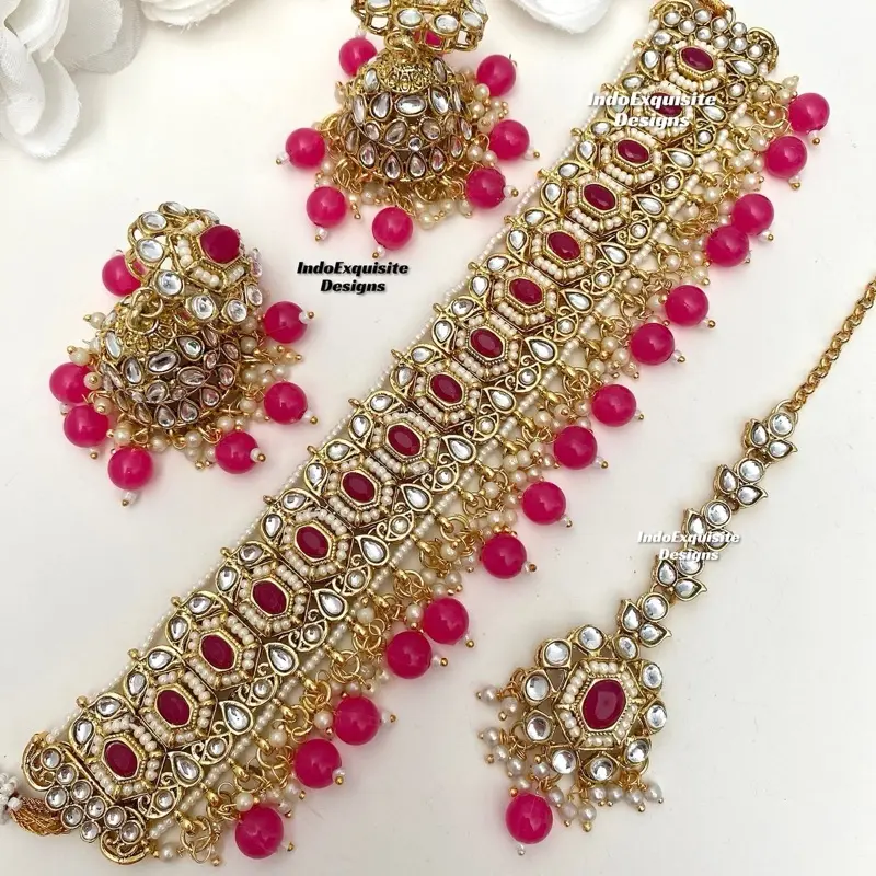 Elegant Kundan Choker Set Indian Jewelry Unique Rani Color Choker with Pink Beads & Pearls for Special Occasions necklace