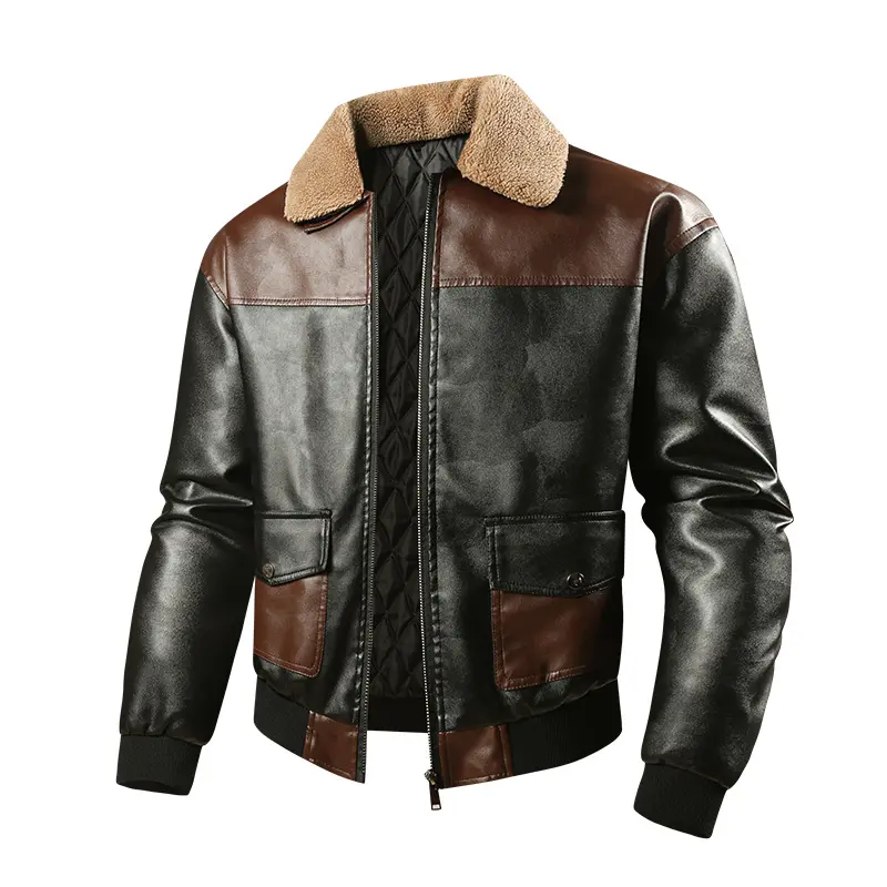 Men’s Vintage Color-Block PU Leather Aviator Jacket, Fleece-Lined Turn-Down Collar, Zip Closure, Contrast Stitching Lining, Flap Pockets, Black-Brown 2-Tone Design for Motorcycle Riding & Everyday Casual Wear